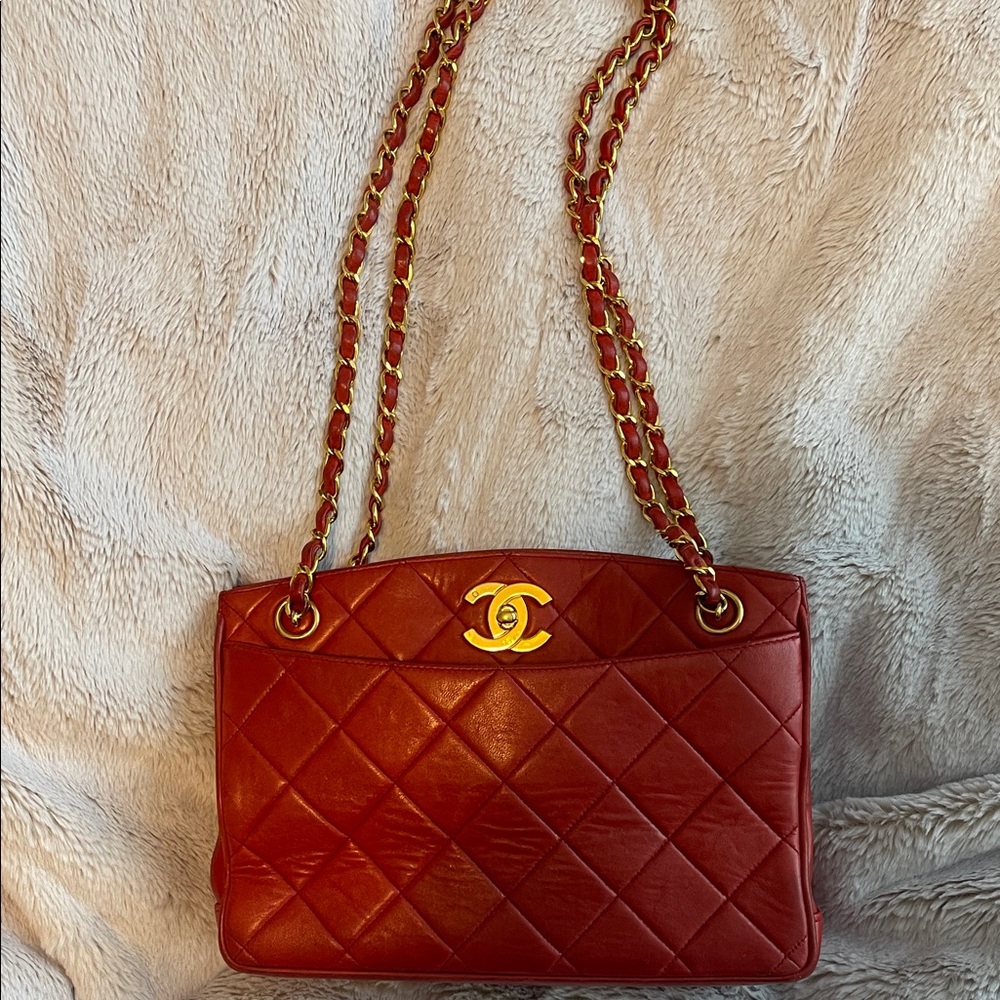 Chanel Classic Red Quilted Shoulder Bag with Gold Chain